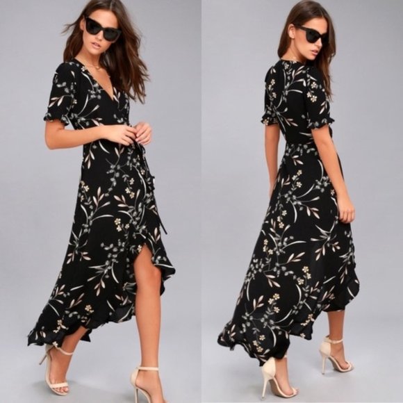 Lulus Dresses & Skirts - Lulu's Wild Winds Black Floral Print High-Low Wrap Dress